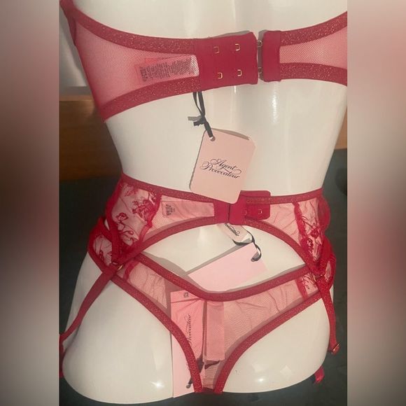 NWT Agent Provocateur Zadi Red 3 Piece Set Bra 32DD, Thong AP4, Suspenders AP4 - Picture 8 of 11